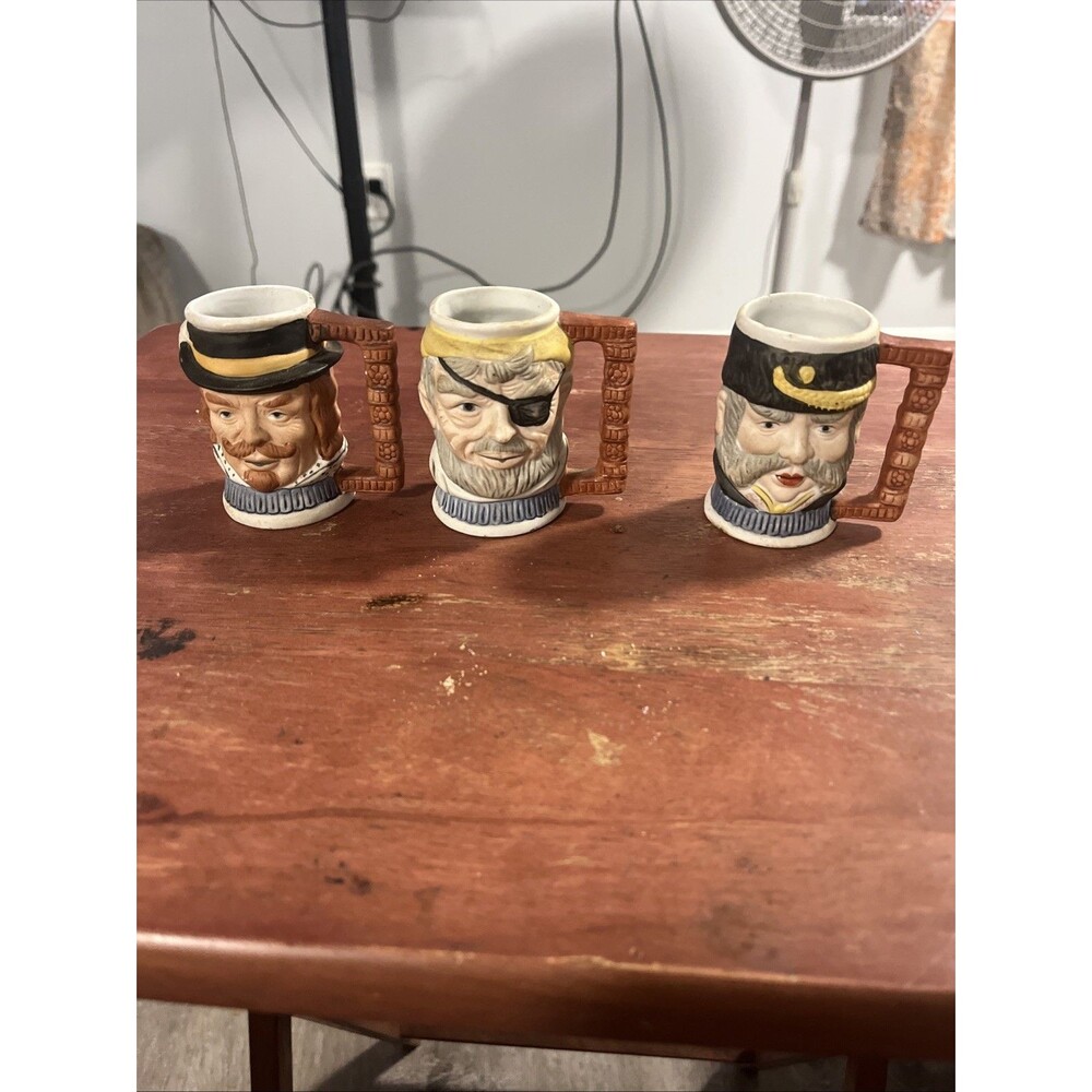 Vintage Set Of 3 Mini Ceramic Toby Pirate Mugs, Made In Taiwan, Retro Barware